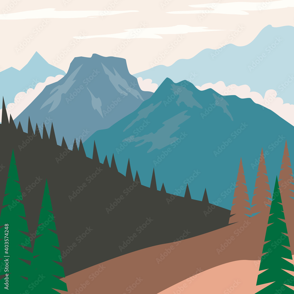 Illustration of mountain landscape in flat style. Design element for poster, card, banner, sign. Vector illustration