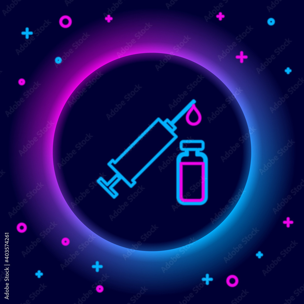Glowing neon line Medical syringe with needle and vial or ampoule icon isolated on black background. Vaccination, injection, vaccine, insulin concept. Colorful outline concept. Vector. Glowing neon line Medical syringe with needle and vial or ampoule icon isolated on black background. Vaccination, injection, vaccine, insulin concept. Colorful outline concept. Vector.