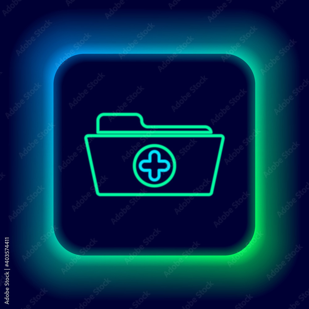 Glowing neon line Medical health record folder for healthcare icon isolated on black background. Patient file icon. Medical history symbol. Colorful outline concept. Vector. Glowing neon line Medical health record folder for healthcare icon isolated on black background. Patient file icon. Medical history symbol. Colorful outline concept. Vector.