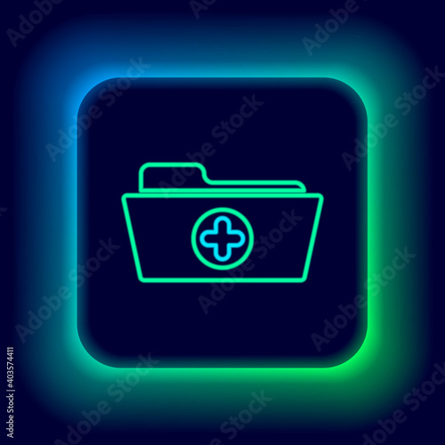 Glowing neon line Medical health record folder for healthcare icon isolated on black background. Patient file icon. Medical history symbol. Colorful outline concept. Vector.