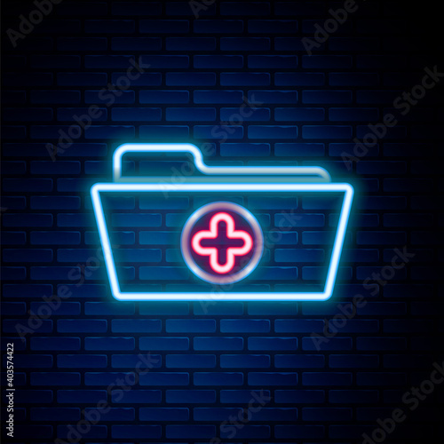 Glowing neon line Medical health record folder for healthcare icon isolated on brick wall background. Patient file icon. Medical history symbol. Colorful outline concept. Vector.
