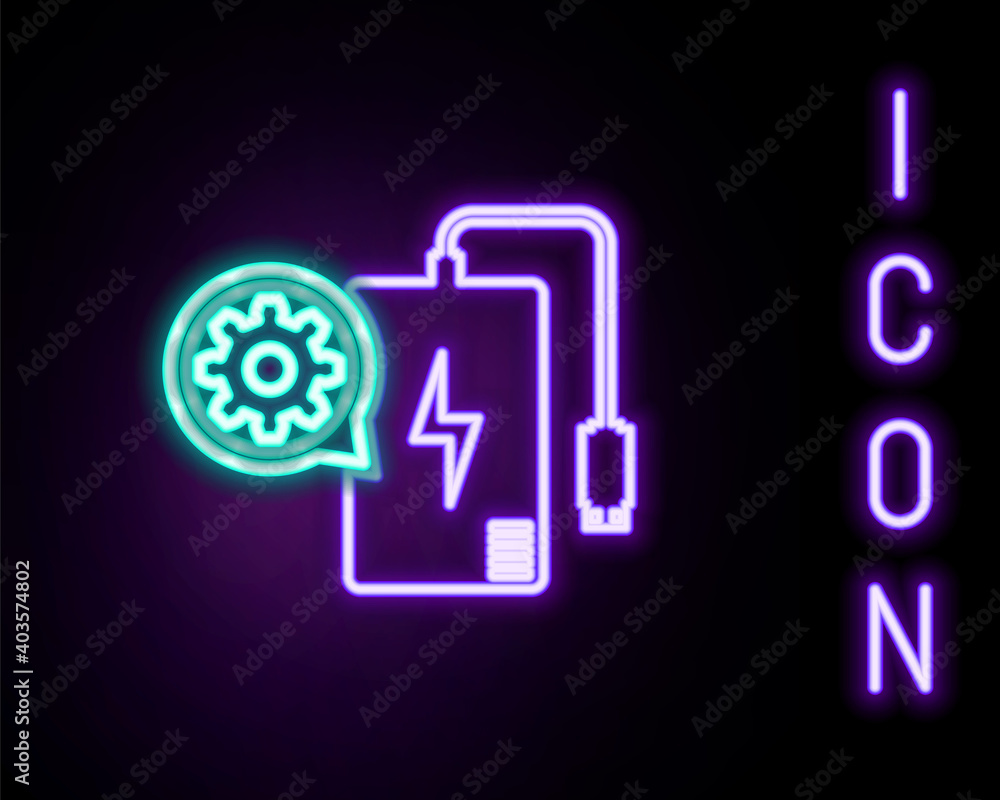 Glowing neon line Power bank with charge cable and gear icon isolated on black background. Adjusting app, service concept, setting options, maintenance, repair. Colorful outline concept. Vector. Glowing neon line Power bank with charge cable and gear icon isolated on black background. Adjusting app, service concept, setting options, maintenance, repair. Colorful outline concept. Vector.