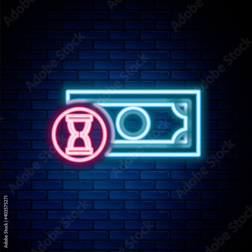 Glowing neon line Fast payments icon isolated on brick wall background. Fast money transfer payment. Financial services, fast loan, time is money, cash back concept. Colorful outline concept. Vector.