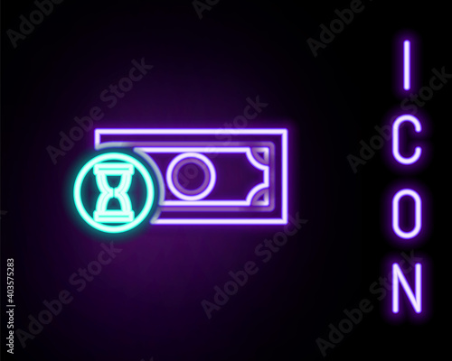 Glowing neon line Fast payments icon isolated on black background. Fast money transfer payment. Financial services, fast loan, time is money, cash back concept. Colorful outline concept. Vector.