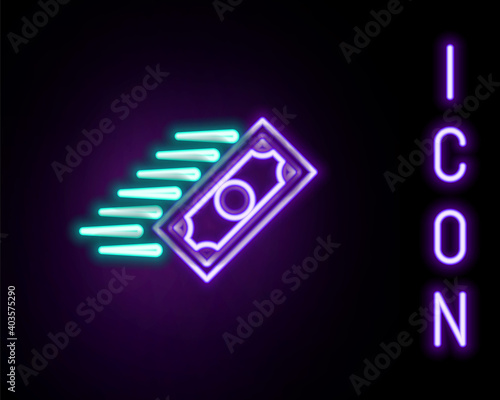 Glowing neon line Fast payments icon isolated on black background. Fast money transfer payment. Financial services, fast loan, time is money, cash back concept. Colorful outline concept. Vector.