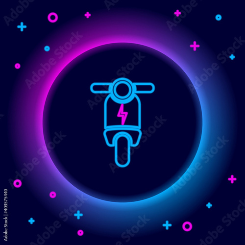 Glowing neon line Electric scooter icon isolated on black background. Colorful outline concept. Vector.