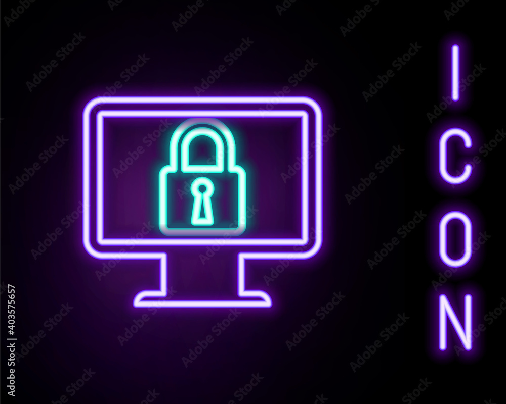 Glowing neon line Lock on computer monitor screen icon isolated on black background. Monitor and padlock. Security, safety, protection concept. Safe internetwork. Colorful outline concept. Vector. Glowing neon line Lock on computer monitor screen icon isolated on black background. Monitor and padlock. Security, safety, protection concept. Safe internetwork. Colorful outline concept. Vector.