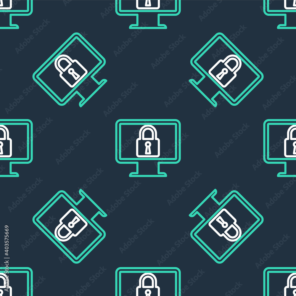 Line Lock on computer monitor screen icon isolated seamless pattern on black background. Monitor and padlock. Security, safety, protection concept. Safe internetwork. Vector. Line Lock on computer monitor screen icon isolated seamless pattern on black background. Monitor and padlock. Security, safety, protection concept. Safe internetwork. Vector.