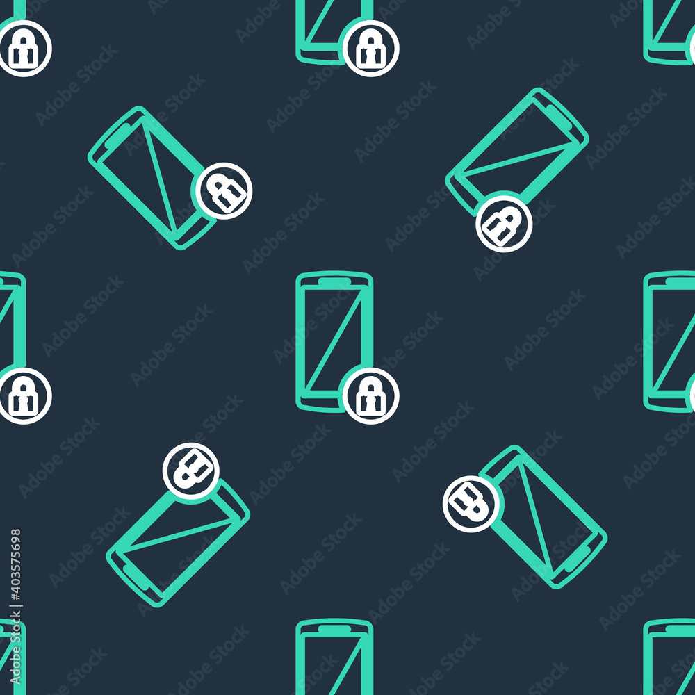 Line Smartphone with closed padlock icon isolated seamless pattern on black background. Phone with lock. Mobile security, safety, protection concept. Vector. Line Smartphone with closed padlock icon isolated seamless pattern on black background. Phone with lock. Mobile security, safety, protection concept. Vector.