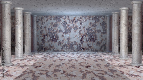 Virtual set display background. Old rusted dirty walls with flaking paint chips and mold. 3d rendering illustration. photo