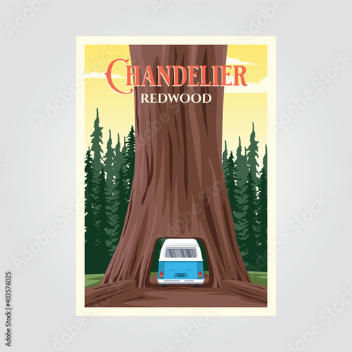 chandelier tree with bus on redwood national park vintage poster illustration design