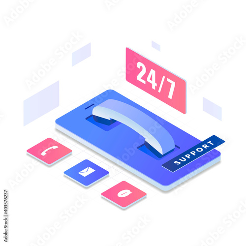 Support or call center 24/7 isometric illustration concept. Illustration for websites, landing pages, mobile applications, posters and banners.