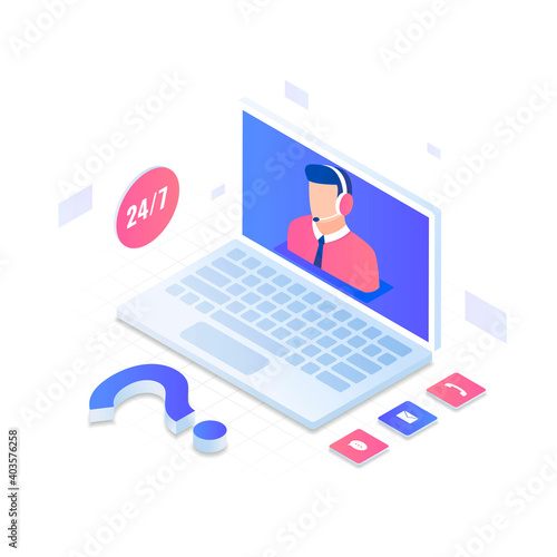 Customer service 24/7 isometric illustration concept. Illustration for websites, landing pages, mobile applications, posters and banners.