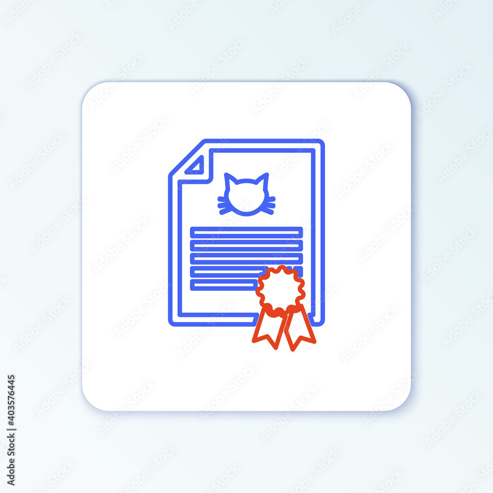 Line Medical certificate for travel with dog or cat icon isolated on white background. Document for pet. Dog or cat paw print. Colorful outline concept. Vector. Line Medical certificate for travel with dog or cat icon isolated on white background. Document for pet. Dog or cat paw print. Colorful outline concept. Vector.