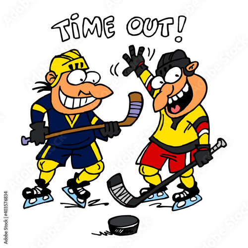 Hockey players play bully and one of them screaming timeout, winter sport joke, color cartoon