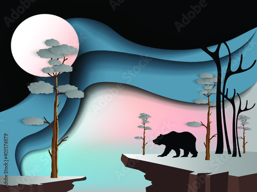 Silhouette of a black bear on a rock, pine trees and sun. Landscape, imitation paper cut. The concept of environmental protection, travel, hunting and other. Vector drawing.