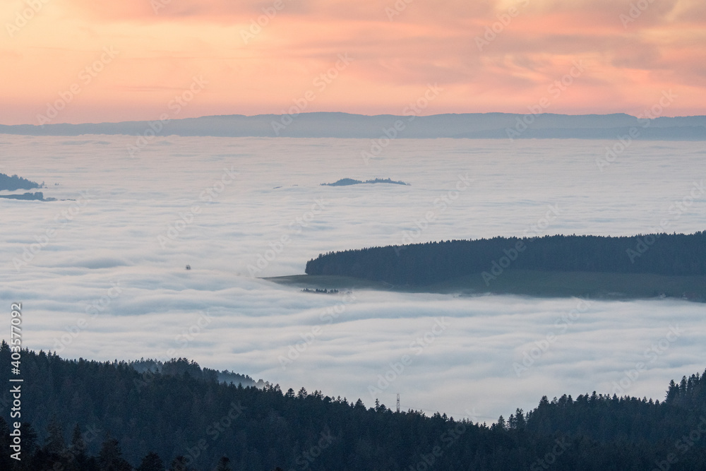 sea of fog over the Bernese Mittelland with hills of Emmental and Jura