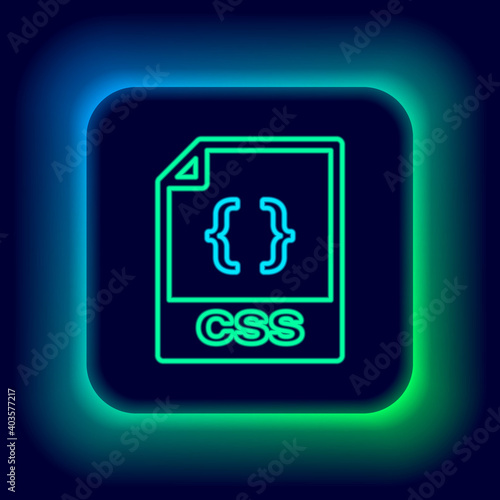 Glowing neon line CSS file document. Download css button icon isolated on black background. CSS file symbol. Colorful outline concept. Vector.