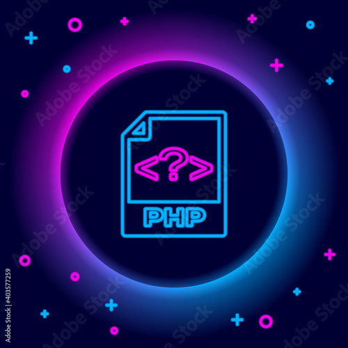 Glowing neon line PHP file document. Download php button icon isolated on black background. PHP file symbol. Colorful outline concept. Vector.