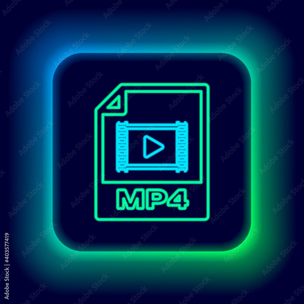 Glowing neon line MP4 file document. Download mp4 button icon isolated on black background. MP4 file symbol. Colorful outline concept. Vector. Glowing neon line MP4 file document. Download mp4 button icon isolated on black background. MP4 file symbol. Colorful outline concept. Vector.
