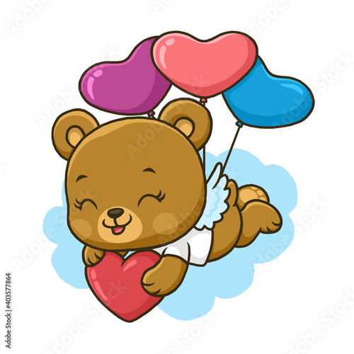 Cute bear flies with hearts balloon isolated on white background.
