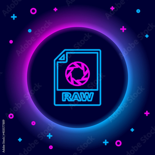 Glowing neon line RAW file document. Download raw button icon isolated on black background. RAW file symbol. Colorful outline concept. Vector.