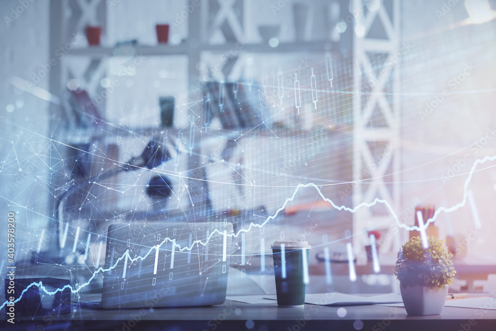 Double exposure of stock market graph drawing and office interior background. Concept of financial analysis. Double exposure of stock market graph drawing and office interior background. Concept of financial analysis.