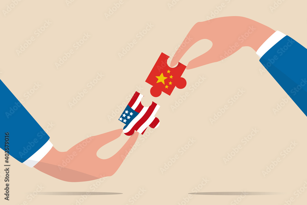 United States and China trade war negotiation, globalization deal between world leading country concept, businessman leader holding jigsaw with China and US flag to put it together. United States and China trade war negotiation, globalization deal between world leading country concept, businessman leader holding jigsaw with China and US flag to put it together.