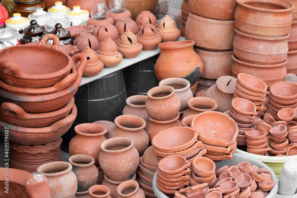 Mix Variety Of Traditional Orange Colored Terracotta Earthenware Clay Pots  Like Matka Ghada Bowl Diya Deep