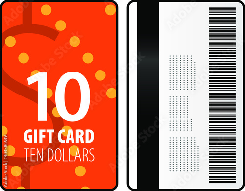 A $10 gift card in a bright, bold design in portrait format.