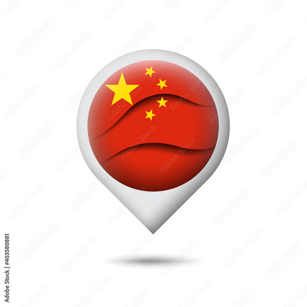 China flag icon in the shape of pointer, map marker. Waving in the wind. Abstract waving china flag. Paper cut style. Vector symbol, icon, button China flag icon in the shape of pointer, map marker. Waving in the wind. Abstract waving china flag. Paper cut style. Vector symbol, icon, button