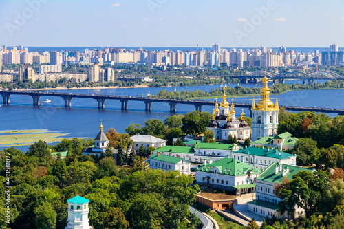 View of Kiev Pechersk Lavra (Kiev Monastery of the Caves) and the Dnieper river in Ukraine. View from Great Lavra Bell Tower photo