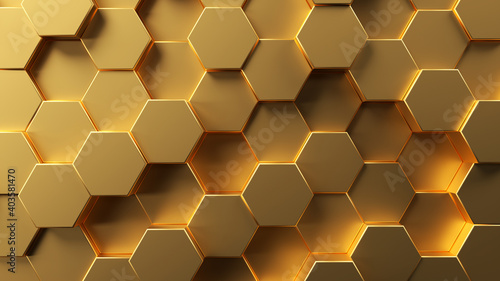 Fototapeta Naklejka Na Ścianę i Meble -  Polygonal mosaic surface with random golden hexagon. Abstract geometric background. 3d rendering illustration.