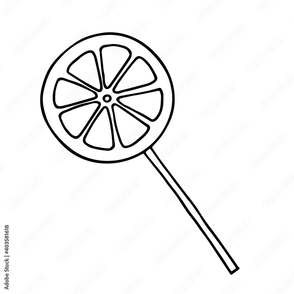 Round lollipop in the form of an orange slice. Confectionery store concept emblem. Modern vector illustration in doodle outline style. Round lollipop in the form of an orange slice. Confectionery store concept emblem. Modern vector illustration in doodle outline style.