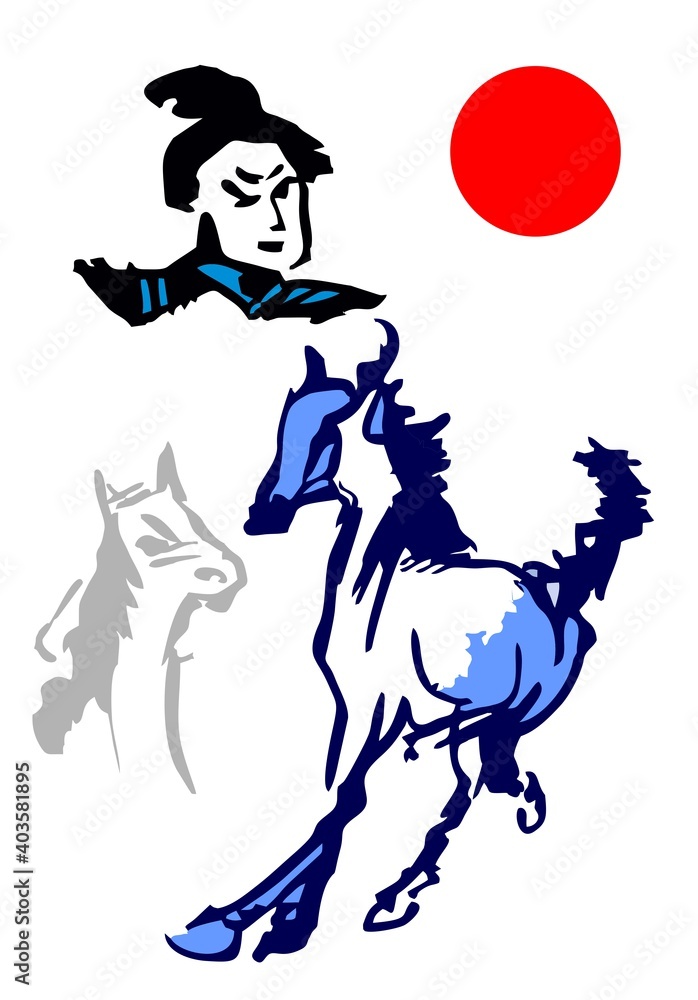 Samurai in armor with horse and red sun design for graphic or logo.
