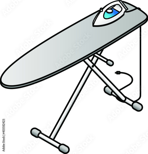 An ironing board with an electric steam iron.