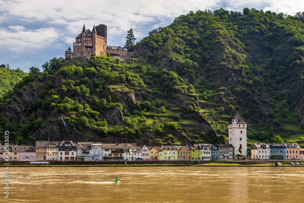 Landscape view of Burg Katz accross the Rhein River at An Der Loreley