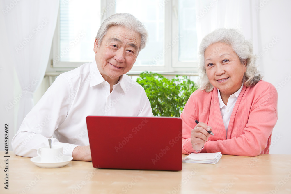 The happy old couple are using laptops The happy old couple are using laptops