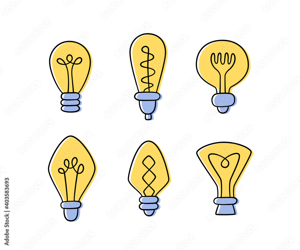 Set of hand drawn Light Bulbs. Collection of different yellow loft lamps in doodle style. Isolated vector objects on white background Set of hand drawn Light Bulbs. Collection of different yellow loft lamps in doodle style. Isolated vector objects on white background
