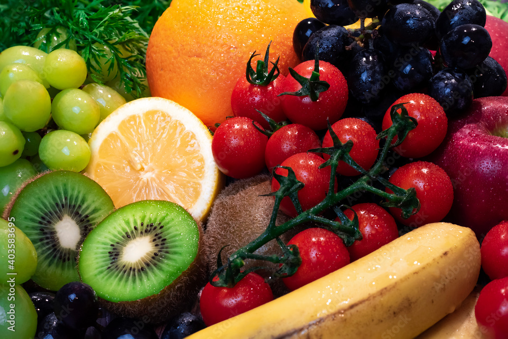 horizontal close up of fresh fruits with water drops, healthy food horizontal close up of fresh fruits with water drops, healthy food