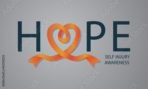 vector illustration of self-injury awareness concept, a ribbon in the shape of a heart and the writing of hope