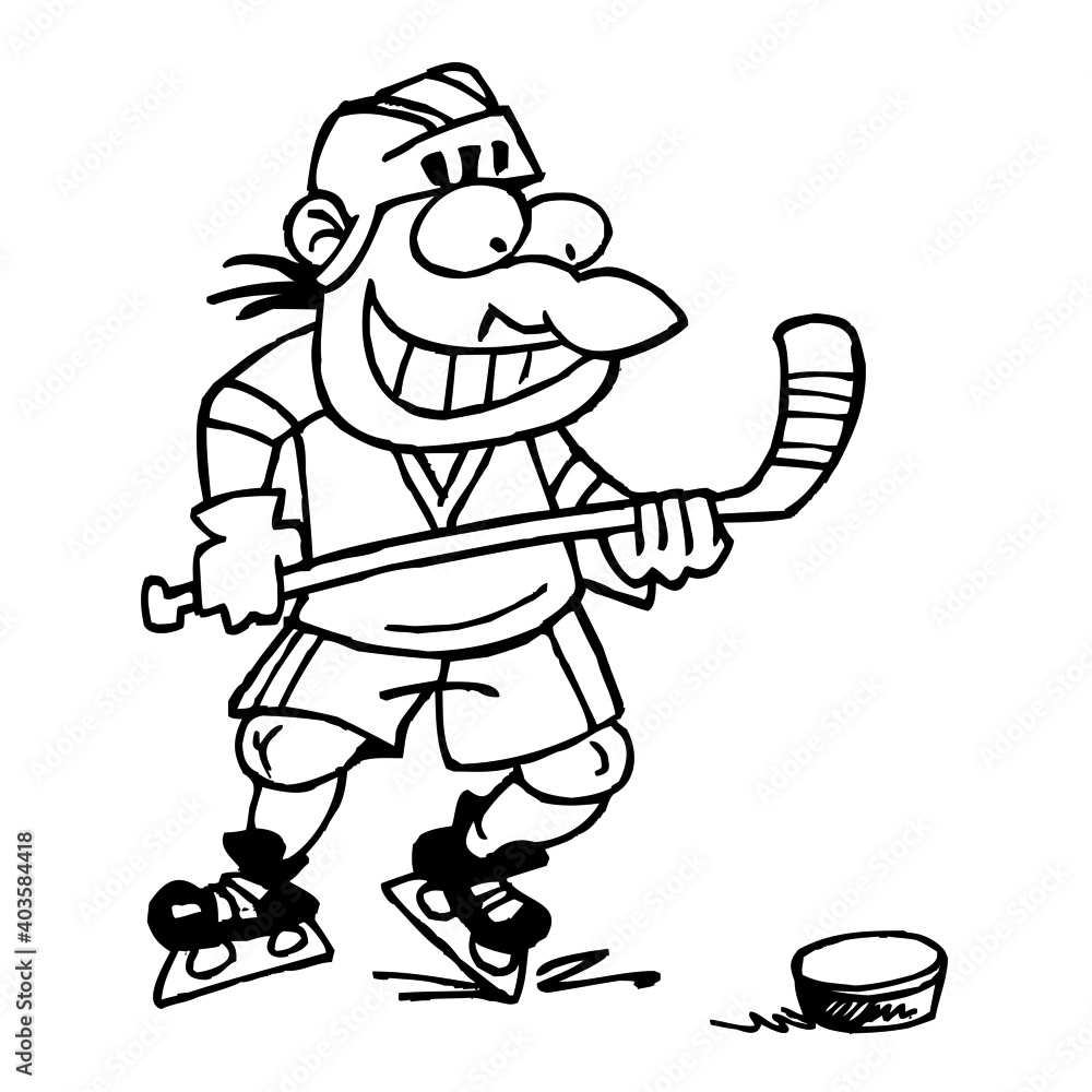 Hockey striker preparing to attack the goal with a puck, winter sport joke, black and white cartoon Hockey striker preparing to attack the goal with a puck, winter sport joke, black and white cartoon
