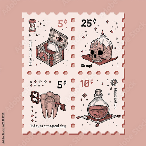 Set of Postage Stamps in Retro Vintage Style with Elements of Magic and Witch. For Poster, Postcard, Greeting. Phial of Poison Potion, Skull and Candle, Old Wooden Chest with Globe, Tooth with Key