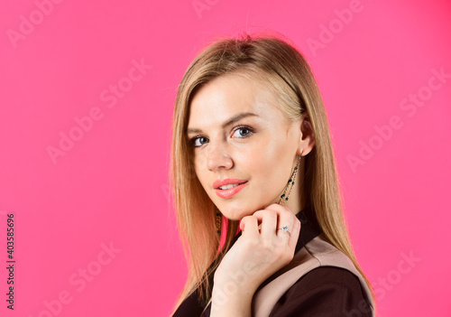 Woman smiling makeup face elegant earrings, dreamy girl concept