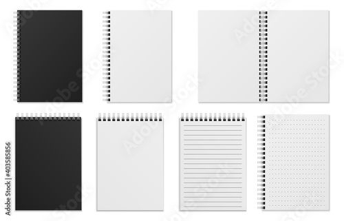 Open and closed notebook. Blank realistic spiral binder notepad or sketchbook. White sheets, checkered and ruled pages, black cover top view, office stationery mockup vector illustration