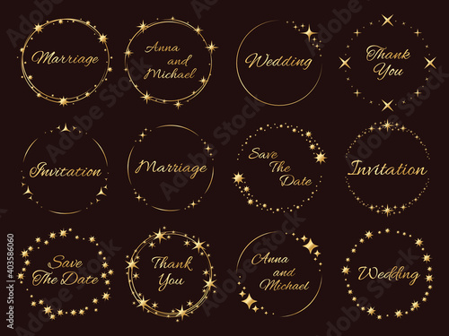 Stardust golden frames. Wedding invitations inscriptions, stars and sparks around, luxury event decor, elegance templates. Round glitter shiny effect particles with copy space vector set