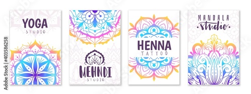 Mandala yoga ornament. Oriental patterns cards with decorative indian color fractals, meditation circles. Mehndi tattoo, yoga or beauty fashion spa backgrounds vector posters set