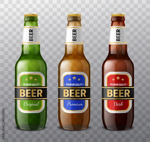 Realistic different colors beer bottles. 3d glass drinks containers for light and dark beer, alcohol green and brown bottle designs, products promotion mockup vector isolated set