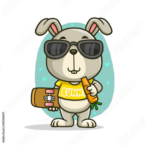 Cute bunny with skateboard isolated on white background