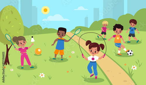 Children outdoor sport. Kids summer outdoor physical activities, girls and boys park games, football, badminton and skipping rope. Little friends play together vector cartoon concept